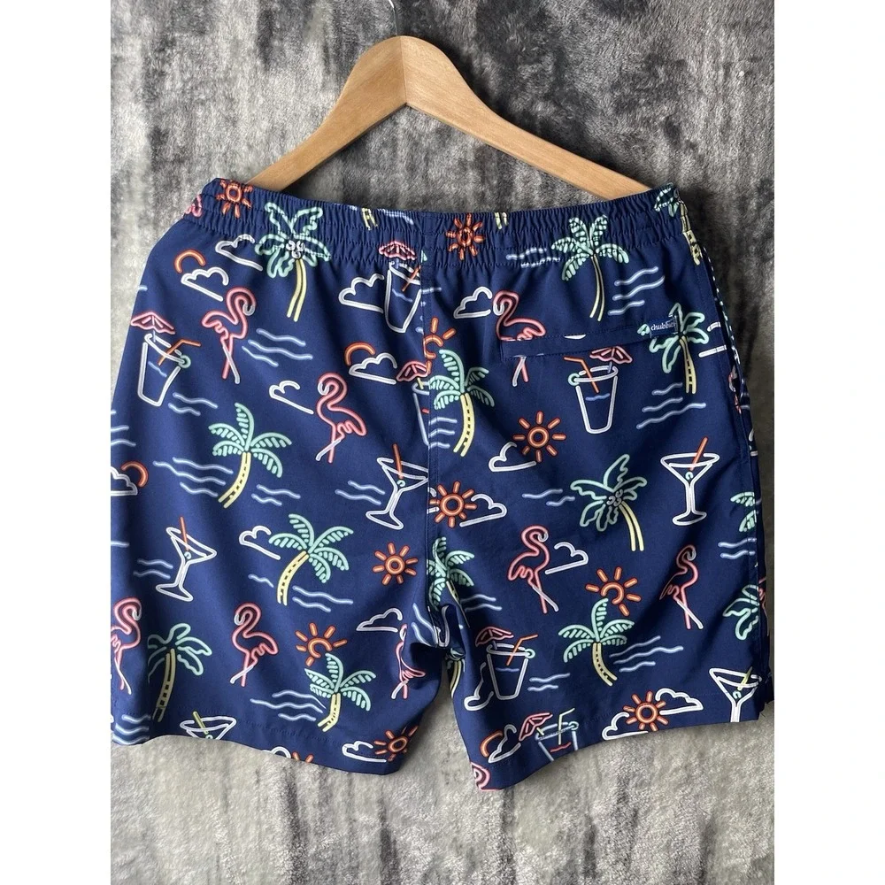 Chubbies Men's L Blue Tropical Flamingo Graphic Lined Drawstring Swim Shorts